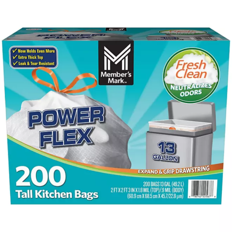 New Users Sale — Member-s Mark Power Flex 13-Gallon Tall Kitchen Trash Bags. Fresh Scent. 200 ct.