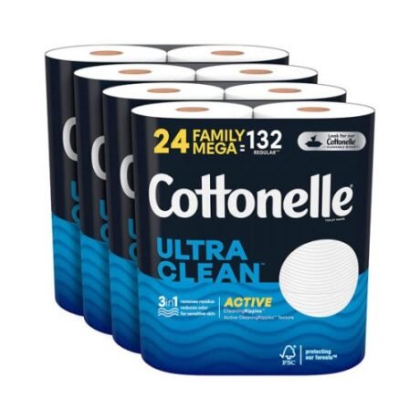 【2026 sale !!! over 10000 sold !!!!】Cottonelle 24 Family Mega Rolls Ultra Clean Toilet Paper with Active CleaningRipples Texture (24 Family Mega Rolls = 132 Regular Rolls.388 Sheets per Roll)-toilet paper
